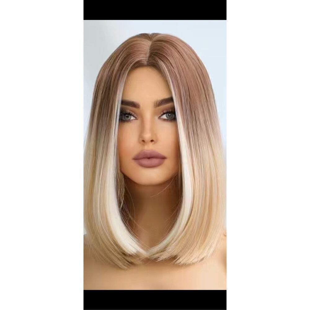 Blonde and beige highlighted 16 inch Shoulder length straight bob with middle pa